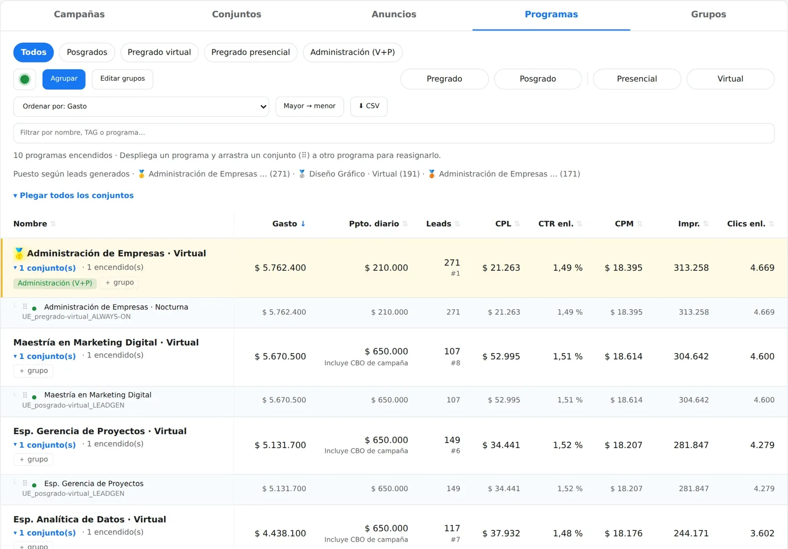 Vista de programas con sus conjuntos agrupados, gasto, leads y costo por lead